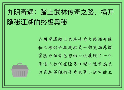 九阴奇遇：踏上武林传奇之路，揭开隐秘江湖的终极奥秘