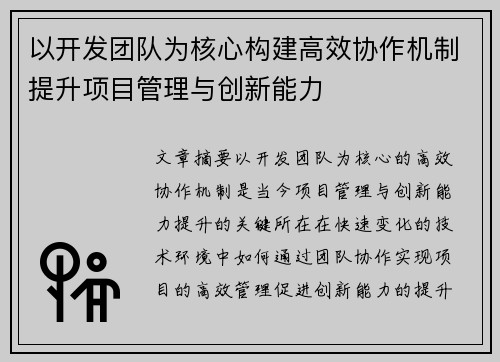 以开发团队为核心构建高效协作机制提升项目管理与创新能力